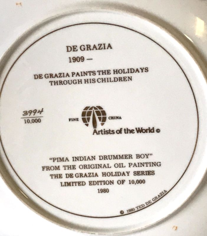 Photo 5 of DE GRAZIA “PIMA INDIAN DRUMMER BOY” COLLECTOR PLATE - SIGNED BY ARTIST
