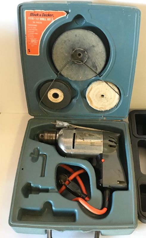 Photo 3 of VINTAGE BLACK AND DECKER DRILL KIT WITH CASE & AMERICAN 18V CORDLESS DRILL WITH CASE