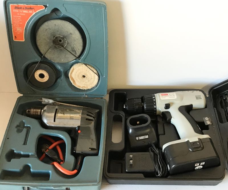 Photo 1 of VINTAGE BLACK AND DECKER DRILL KIT WITH CASE & AMERICAN 18V CORDLESS DRILL WITH CASE