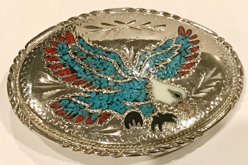 Photo 2 of VINTAGE 4” EAGLE INLAY SILVER BELT BUCKLE HANDCRAFTED USA MINT CONDITION