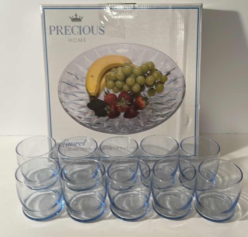 Photo 1 of PRECIOUS HOME GLASS CENTER PIECE W/ BLUE TINT GLASSES SET OF 10