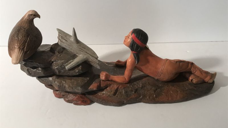 Photo 2 of NATIVE AMERICAN BOY WITH EAGLE HAND PAINTED CERAMIC FIGURE -H-7”
W- 15”