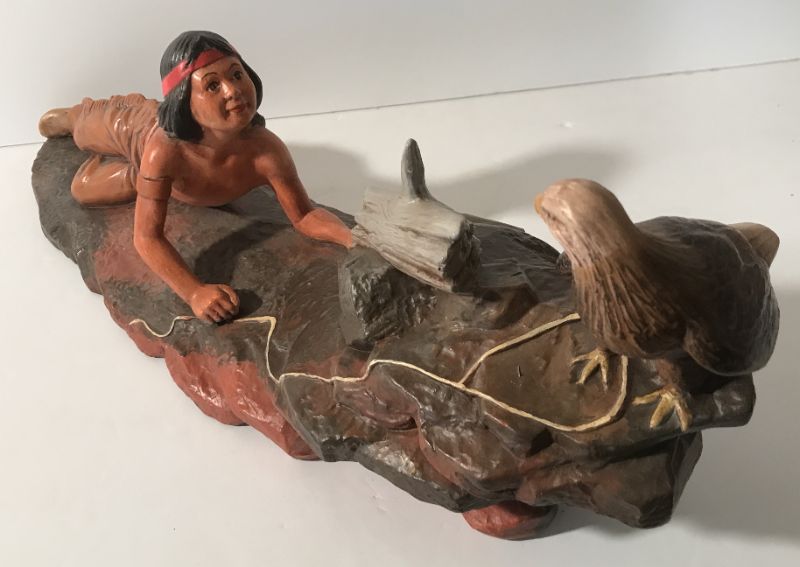 Photo 1 of NATIVE AMERICAN BOY WITH EAGLE HAND PAINTED CERAMIC FIGURE -H-7”
W- 15”