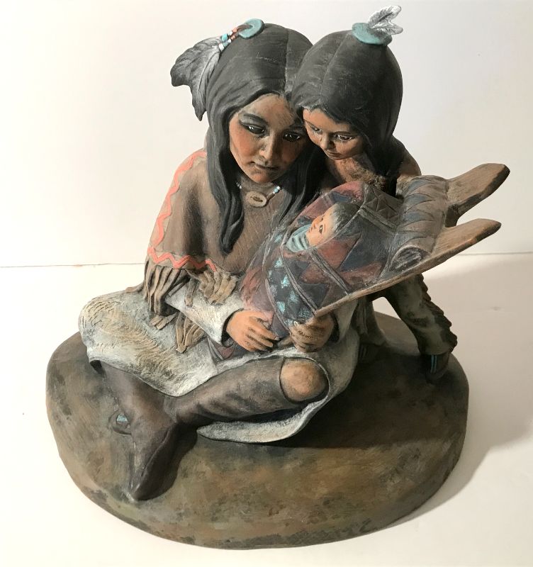 Photo 1 of NATIVE AMERICAN SQUAW WITH PAPOOSE AND CHILD HAND PAINTED CERAMIC STATUE 
H-9”