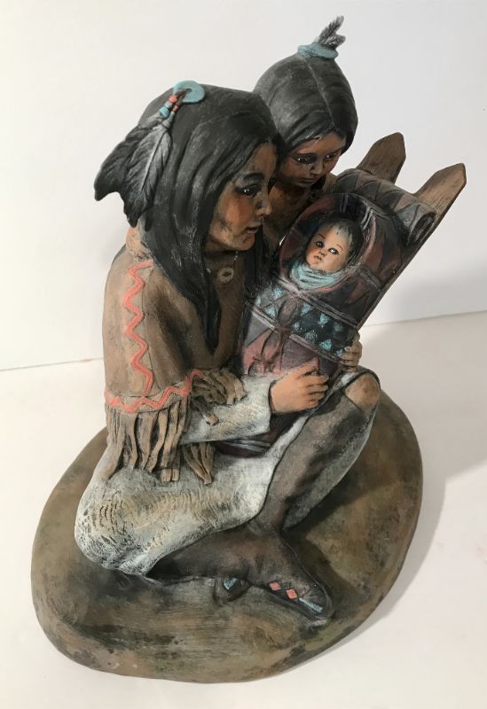 Photo 2 of NATIVE AMERICAN SQUAW WITH PAPOOSE AND CHILD HAND PAINTED CERAMIC STATUE 
H-9”