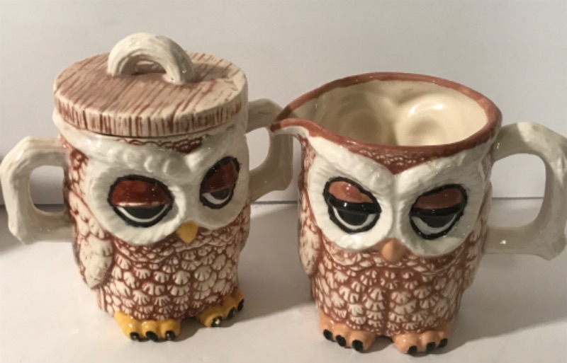 Photo 3 of VINTAGE OWL SUGAR BOWL, CREAMER, MUGS & S & P SHAKERS