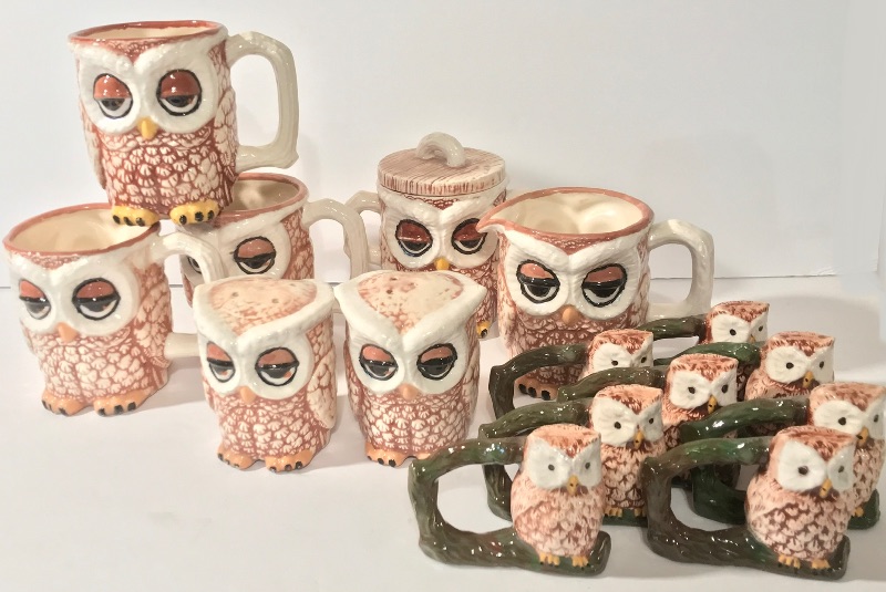 Photo 1 of VINTAGE OWL SUGAR BOWL, CREAMER, MUGS & S & P SHAKERS