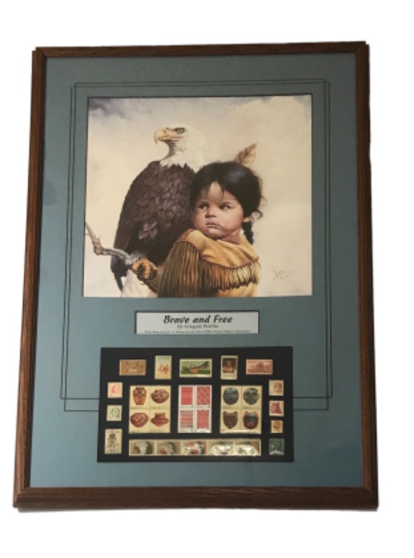 Photo 1 of “BRAVE & FREE” NATIVE AMERICAN BOY W EAGLE
GREGORY PERILLO FRAMED SIGNED PRINT W
STAMP COLLECTION 
H-31
W-21