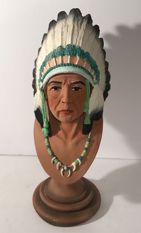 Photo 1 of VINTAGE HAND PAINTED NATIVE AMERICAN CHIEF PLASTER BUST
H/14”