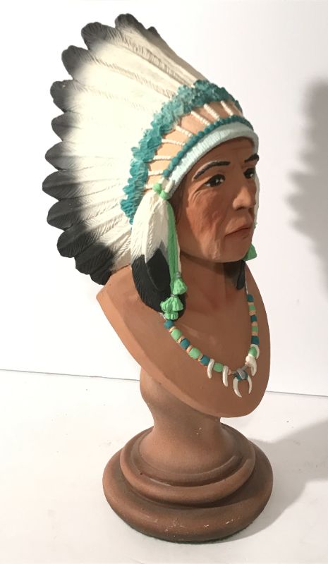 Photo 2 of VINTAGE HAND PAINTED NATIVE AMERICAN CHIEF PLASTER BUST
H/14”