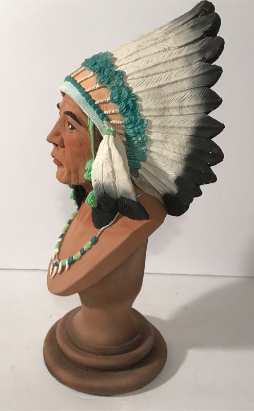 Photo 3 of VINTAGE HAND PAINTED NATIVE AMERICAN CHIEF PLASTER BUST
H/14”