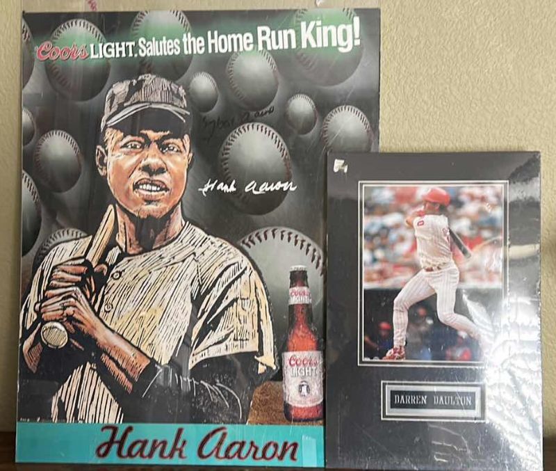 Photo 1 of BASEBALL COLLECTIBLES - HANK AARON SIGNED COORS POSTER  20" X  25" AND DARREN DAULTON MATTED PHOTO