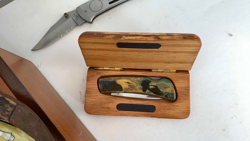 Photo 4 of 2 WOOD BOXES W ASSORTED POCKET KNIVES