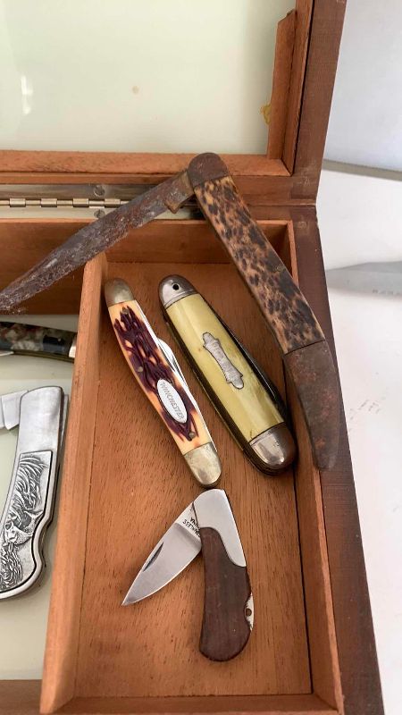 Photo 3 of 2 WOOD BOXES W ASSORTED POCKET KNIVES