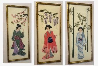 Photo 1 of 3-JAPANESE “GEISHA” EMBROIDERED WALL ART 13”x30”H