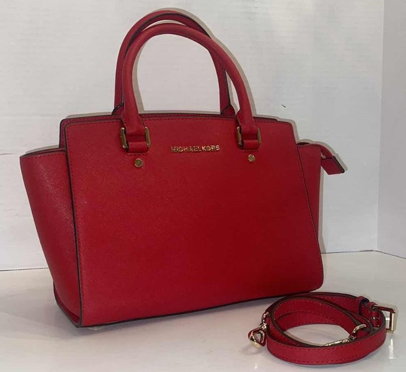 Photo 1 of MICHAEL KORS SELMA MANDARIN RED SAFFIANO LEATHER CROSS BODY SATCHEL BAG 13” X 9” 