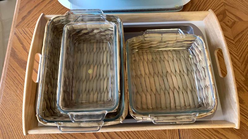 Photo 2 of ANCHOR HOCKING BAKING DISHES WITH WOVEN BASKETS WITH WOODEN TRAY