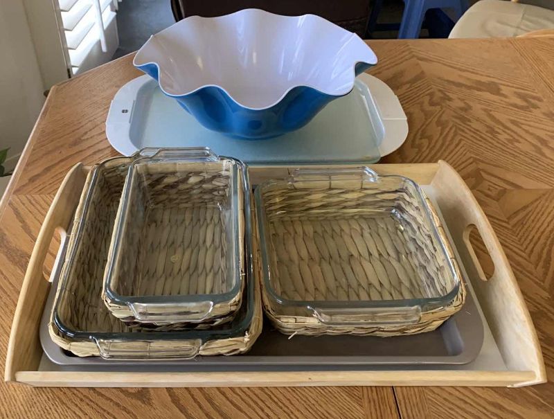 Photo 1 of ANCHOR HOCKING BAKING DISHES WITH WOVEN BASKETS WITH WOODEN TRAY