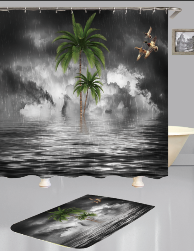 Photo 1 of PALM TREE BATHROOM SHOWER CURTAIN WITH HOOKS AND BATH MAT