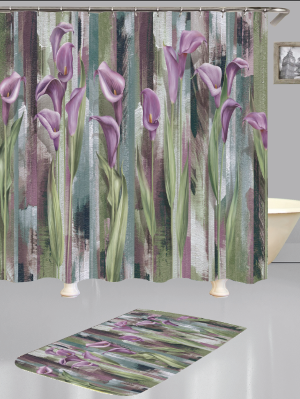 Photo 1 of PURPLE IRIS FLOWER BATHROOM SHOWER CURTAIN WITH HOOKS AND BATH MAT