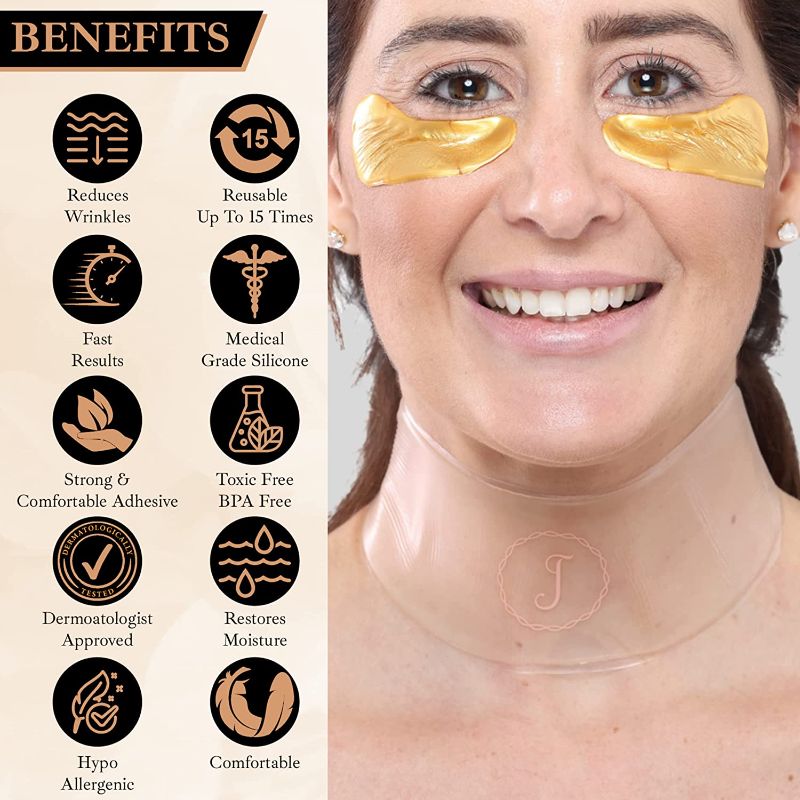 Photo 3 of NECK WRINKLE PADS AND 24K GOLD EYE PADS LIFT SKIN AND TIGHTEN SKINS ELASTICITY LEAVING FACE WITH FEWER AND FEWER WRINKLES AND DARK CIRCLES TILL ALL GONE UP TO 9 HOURS OF USAGE REMOVE AND CLEAN TO USE AGAIN NEW 