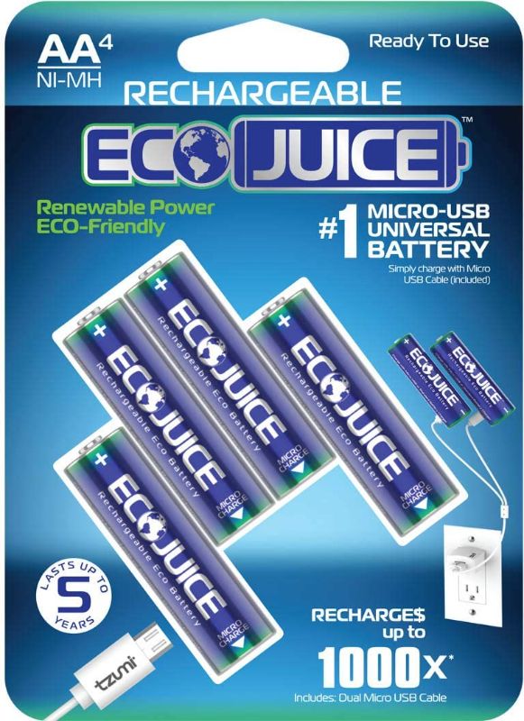 Photo 1 of 5 PACKS OF 4 ECO JUICE AAA RECHARGEABLE BATTERIES MICRO USB NIMH UNIVERSAL ECOFRIENDLY 1000X RECHARGEABLE BY ECO JUICE MICRO USB 4 PIECE PRECHARGED NEW IN BOX