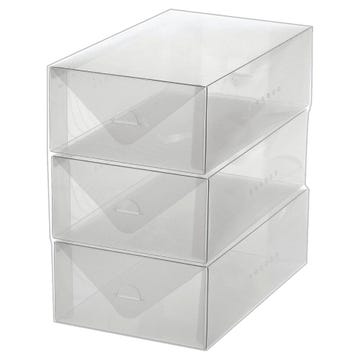 Photo 1 of TWO 3 PACKS CLEAR STACKABLE SHOE BOX STORAGE WITH HANDLES FITS ANYWHERE 12.79L x 12.79W x 8.66H NEW