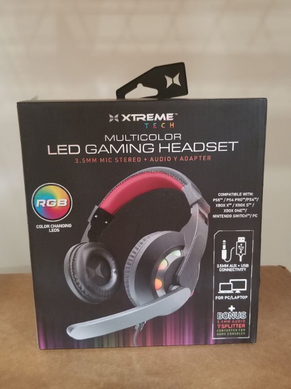 Photo 1 of MULTI COLOR LED GAMING HEADSET 3.5MM MIC STEREO AND AUDIO ADAPTER NEW