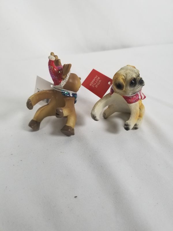 Photo 1 of 2PC RAINDEER AND PUG WINE BOTTLE HUGGER NEW 