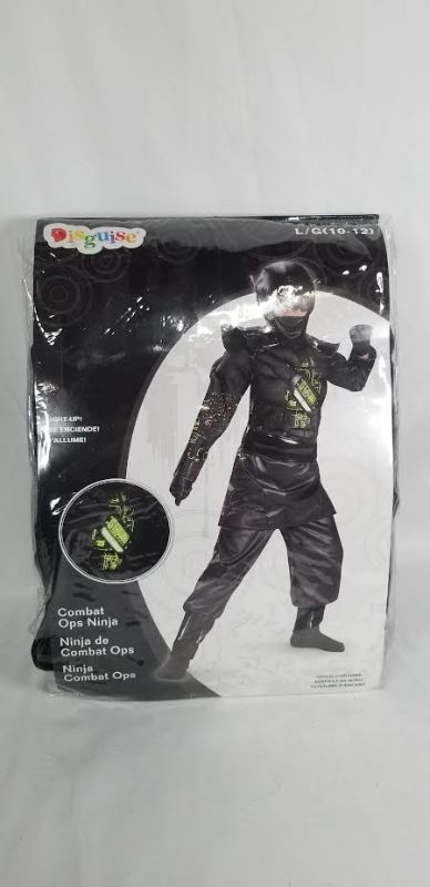 Photo 1 of  DISGUISE COMBAT OPS NINJA JUMPSUIT BELT HOOD VISOR GLOVES CHILD COSTUME SIZE L 10-12 NEW
