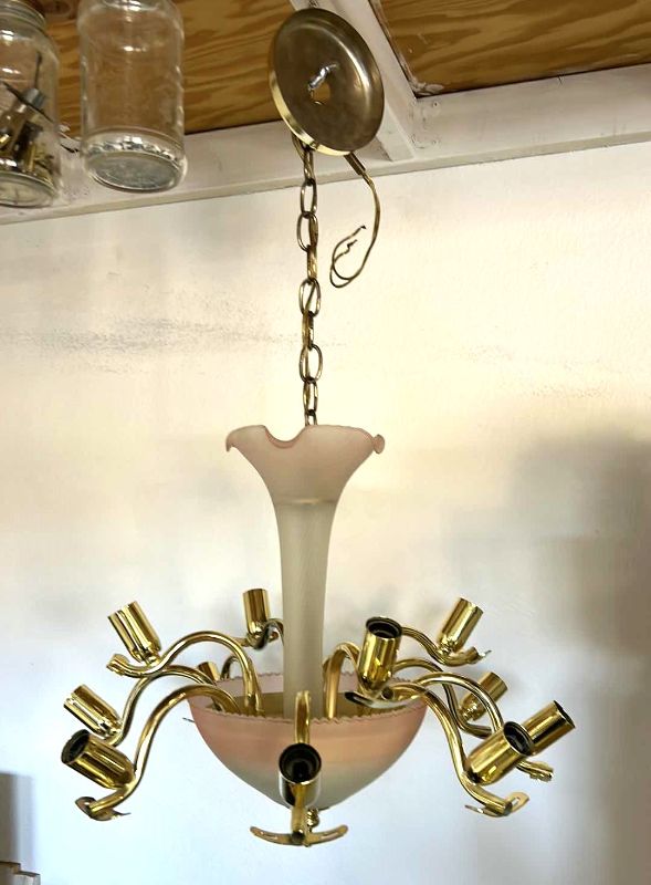 Photo 1 of VINTAGE MIRANO PEACH AND WHITE GLASS AND BRASS CHANDELIER WITH LEAVES
