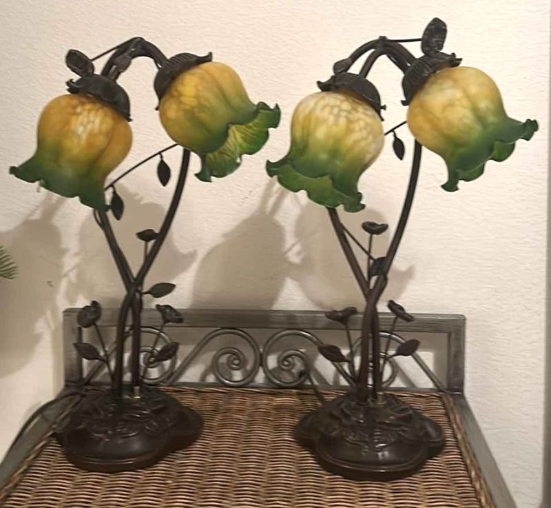 Photo 1 of 2 - COLORED GLASS FLOWER AND FAUX BRONZE TABLE LAMPS
