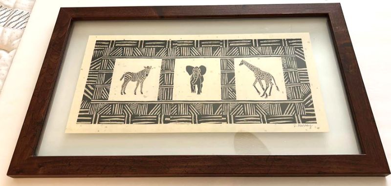 Photo 1 of WALL DECOR - BLACK AND WHITE AFRICAN ANIMALS GLASS, SIGNED BY ARTIST, WOOD FRAMED ARTWORK 25” x 15 1/4”