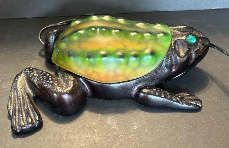 Photo 1 of HEAVY METAL COLORED GLASS FROG LAMP - NEEDS NEW BULBS