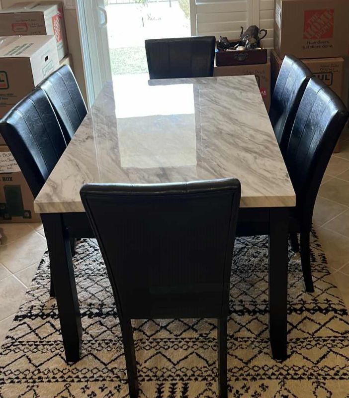 Photo 1 of DINING TABLE (64” x 38” H31”) W 6-BLACK LEATHER SIDE CHAIRS 