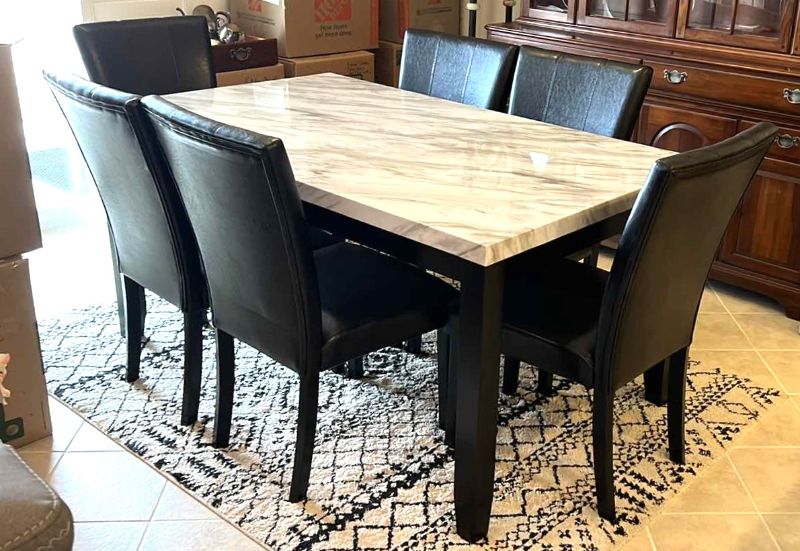 Photo 1 of DINING TABLE (64” x 38” H31”) W 6-BLACK LEATHER SIDE CHAIRS 