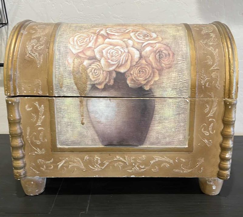 Photo 1 of WOOD FLORAL VASE PAINTED STORAGE CHEST 19” x 13” H15”