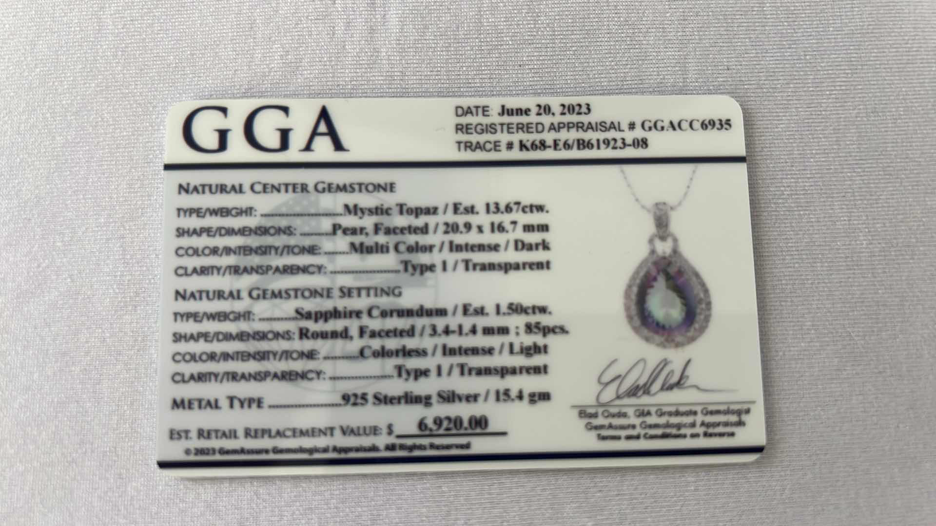 Photo 4 of 925 STERLING SILVER MYSTIC TOPAZ & SAPPHIRE CORUNDUM PEAR SHAPED NECKLACE-GGA CERTIFIED    NK015201
