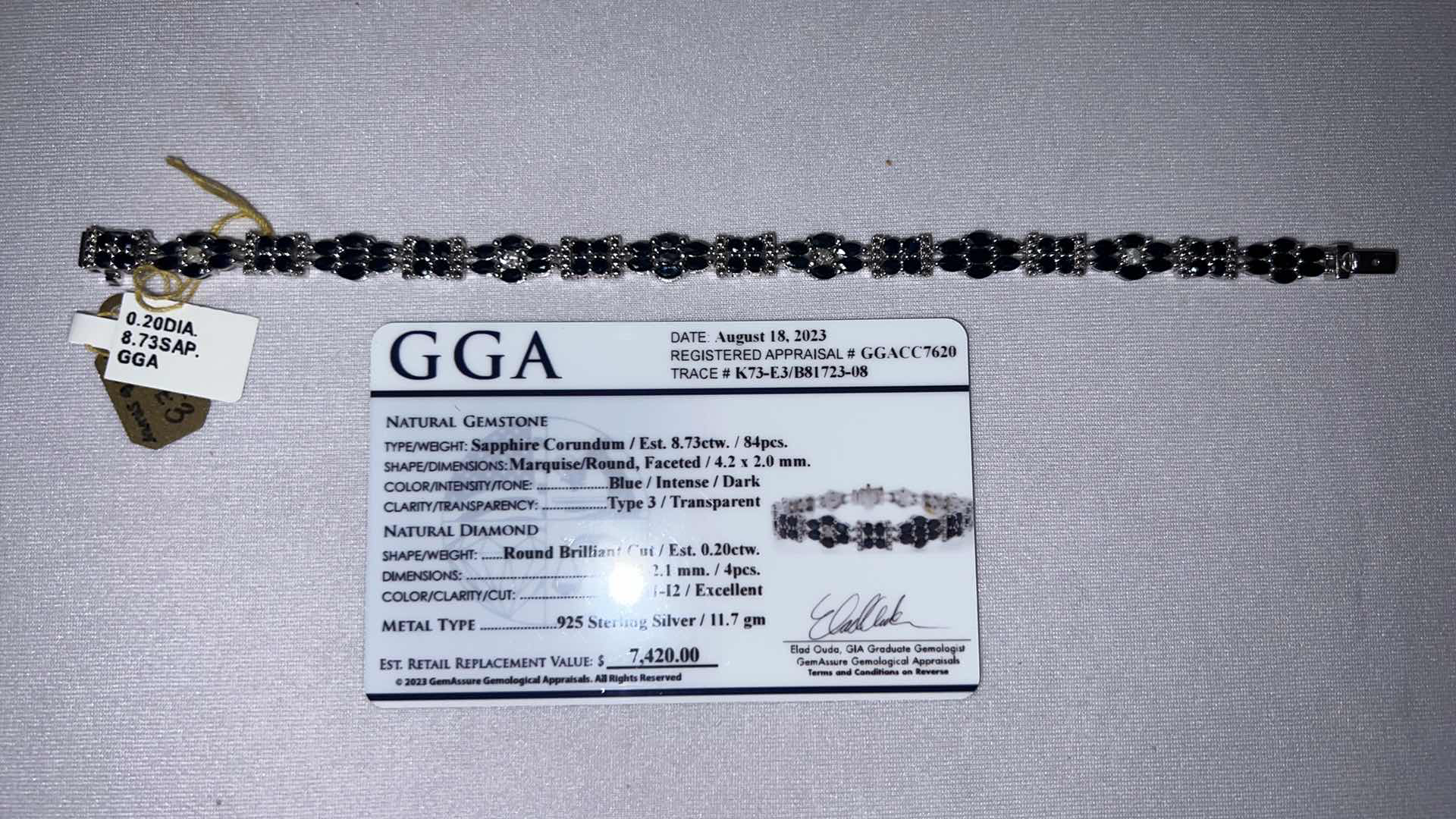 Photo 1 of 925 STERLING SILVER SAPPHIRE CORUNDUM & DIAMOND BRACELET-GGA CERTIFIED   BR098022