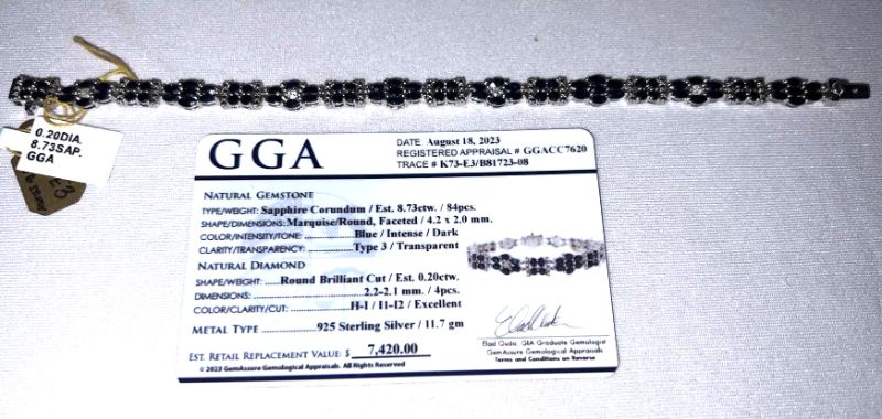Photo 1 of 925 STERLING SILVER SAPPHIRE CORUNDUM & DIAMOND BRACELET-GGA CERTIFIED   BR098022