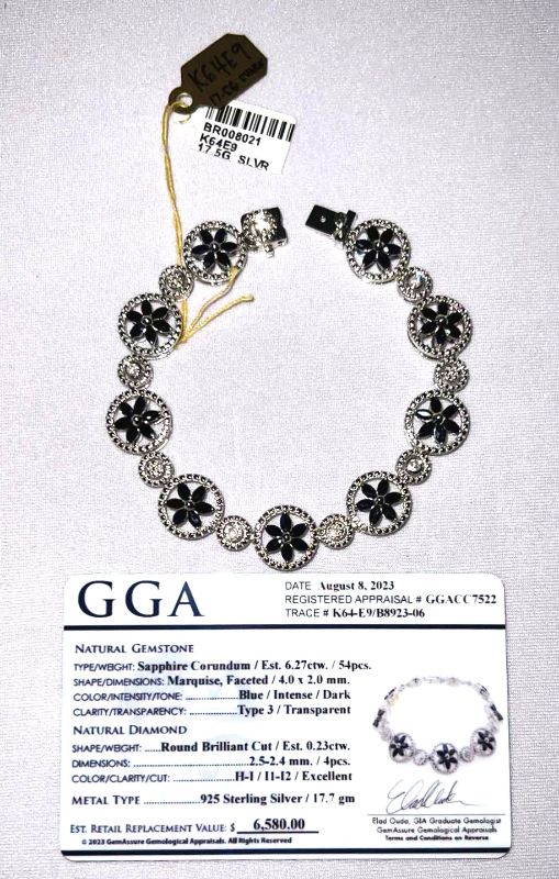 Photo 1 of 925 STERLING SILVER SAPPHIRE CORUNDUM & DIAMOND BRACELET-GGA CERTIFIED   BR008021