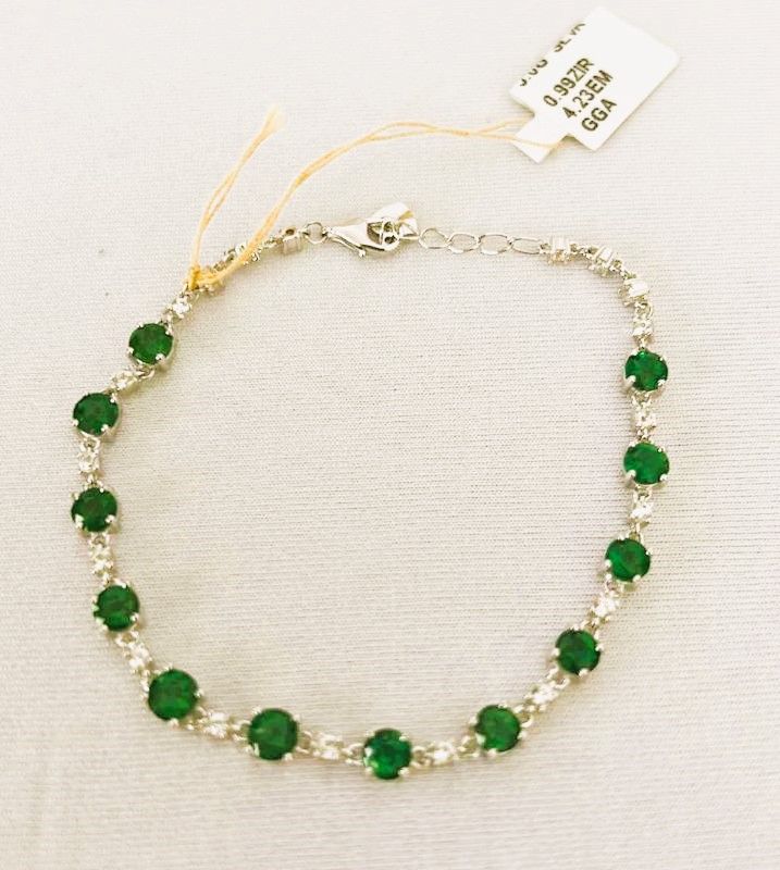 Photo 1 of 925 STERLING SILVER EMERALD BERYL & ZIRCON BRACELET (GGA CERTIFIED)  BROO7943