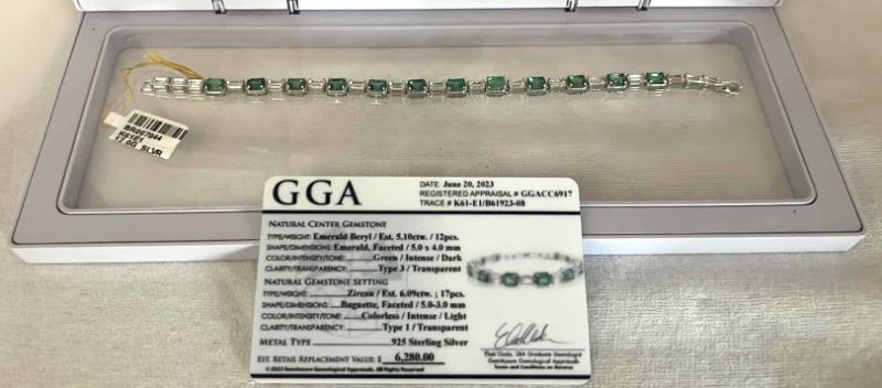 Photo 12 of 12.0 GRAMS 925 STERLING SILVER BRACELET W 6.09 CT ZIRCON & 5.10 CT EMERALD (GGA CERTIFICATE)   BR007944