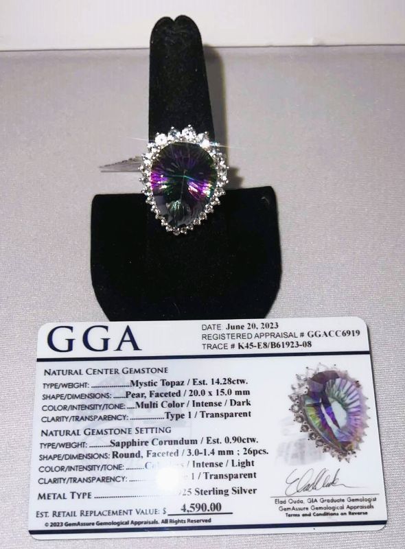 Photo 1 of 925 STERLING SILVER PEAR SHAPED MYSTIC TOPAZ & SAPPHIRE CORUNDUM RING-GGA CERTIFIED-APPROX. SIZE 6.5    RN034341