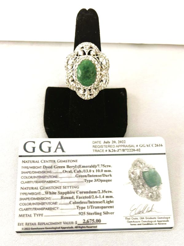 Photo 1 of 925 STERLING SILVER DYED GREE BERYL EMERALD & WHITE SAPPHIRE RING-GGA CERTIFIED-APPROX. SIZE 6.5     RN034969