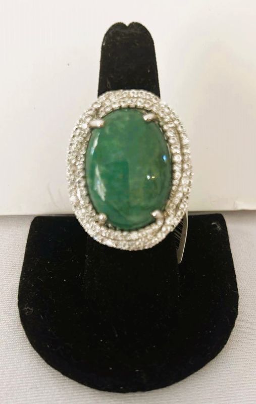 Photo 1 of 925 STERLING SILVER DYED GREEN BERYL EMERALD & SAPPHIRE RING-GGA CERTIFIED-APPROX SIZE 6.5    RN023512