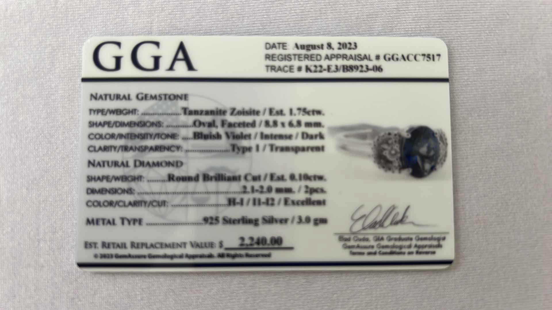 Photo 4 of 925 STERLING SILVER TANZANITE ZOISIT & DIAMOND RING-GGA CERTIFIED-APPROX. SIZE 6.5     RN034972