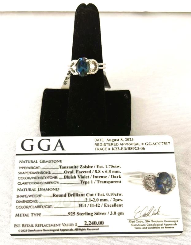 Photo 1 of 925 STERLING SILVER TANZANITE ZOISIT & DIAMOND RING-GGA CERTIFIED-APPROX. SIZE 6.5     RN034972