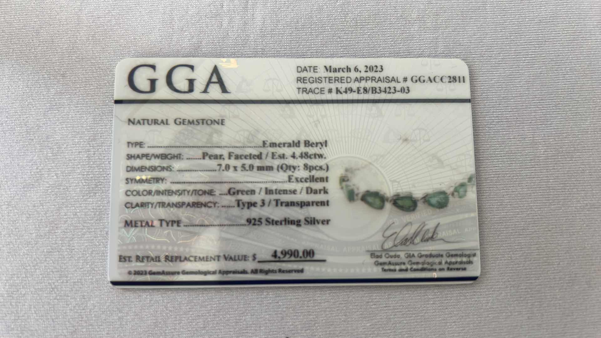 Photo 3 of 925 STERLING SILVER EMERALD BERYL BRACELET-GGA CERTIFIED    BR008023