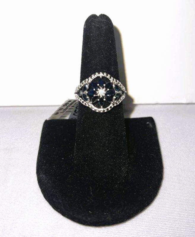 Photo 1 of 925 STERLING SILVER SAPPHIRE CORUNDUM & DIAMOND RING-GGA CERTIFIED-APPROX SIZE 6.5    RN034973